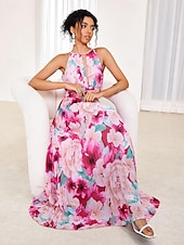 cheap Elegant Floral Dresses-Women&#039;s Maxi Dress Sleeveless Halter Neck Floral Pink White Pleated Belted Lightweight Spring Summer Wedding Party Elegant Flowy Full-Length Clothing Apparel