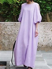 olcso design pamut és len ruhák-Női Fekete Világos bíbor khakizöld Nyár Tavasz Ősz Maxiruha Pamut vászon ruhák Fekete ruha Vintage ruha Elegáns Csehország Divat Puffos Vakáció Iroda Hétköznapi Laza öltözet Terített nyak