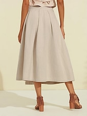 cheap Women&#039;s Skirt-Women&#039;s Linen Blend Khaki Box Pleated Midi Skirt