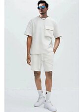 olcso Férfi Basic Tees szettek-Férfi 2 darab Póló öltönyök Rövidnadrág és póló szett Rövid ujjú Terített nyak Nyár Tömör szín Testedző Alkalmi Zseb 2 db Vakáció Hétköznapi viselet Sportruházat Fekete Fehér Barna Férfi felső póló