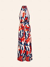 cheap Jumpsuits-Satin Loose Floral Wide-leg Belted Jumpsuit