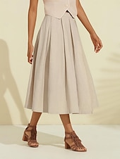 cheap Women&#039;s Skirt-Women&#039;s Linen Blend Khaki Box Pleated Midi Skirt