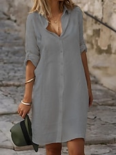 cheap Design Cotton &amp; Linen Dresses-Women&#039;s Black White Blue Summer Spring Mini Dress Cotton Linen Dresses Shirt Dress White Cotton Dress Vacation Basic Modern Daily Weekend Loose Fit Plain Shirt Collar
