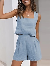 billige Loungewear for damer-Dame lounge Sett Ren farge Mote Grunnleggende Gate Daglig Bomull og lin Pustende Firkantet hals Ermeløs Stropp Topp Shorts Lomme Sommer Vår Svart Rosa