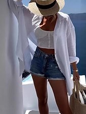 cheap Shirts-Women&#039;s Shirt Linen-Inspired Shirts Button Up Blouse Graphic Casual Beach Long Sleeve Shirt Collar Long Tops Vacation Going out Buttons Print Black White Yellow Pink Orange Spring &amp;  Fall
