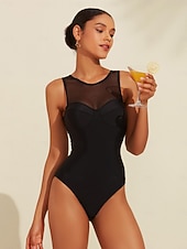 お買い得  デザイナー水着-女性用 スイムウェア ワンピース 水着 単色/無地 ブラック ラウンド 水着 ビーチスタイル