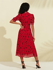 economico abito casual stampato-Abito midi in chiffon con maniche a sbuffo e stampa floreale