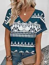 olcso Boho póló-Női Póló Csíkos Szüret Rövid ujjú V-alakú Normál felsők Hétköznapi Napi Nyomtatott Fekete Sötétkék Lóhere Nyár