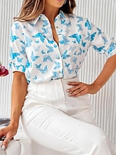 voordelige Dames grafische tops-Dames Overhemd Blouse Bloemig Stip Casual Lange mouw Overhemdkraag Normale tops Vakantie Dagelijks Knop Afdrukken Wit Blozend Roze Rood blauw Khaki Lente zomer