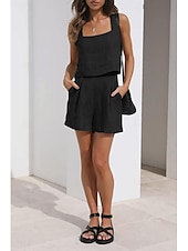 billige Loungewear for damer-Dame lounge Sett Ren farge Mote Grunnleggende Gate Daglig Bomull og lin Pustende Firkantet hals Ermeløs Stropp Topp Shorts Lomme Sommer Vår Svart Rosa