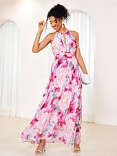 cheap Elegant Floral Dresses-Women&#039;s Maxi Dress Sleeveless Halter Neck Floral Pink White Pleated Belted Lightweight Spring Summer Wedding Party Elegant Flowy Full-Length Clothing Apparel