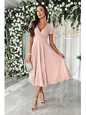abordables Robe noire-robe noire Robe Évasée Femme Robe mi-longue Ourlet à volants Formel Soirée Elégant Col V Manche Courte Standard Noir Rose Claire Rouge S M L XL XXL