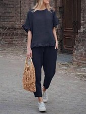 levne Sady-Dámské Aktivní Základní Sady inspirované lnem Dvoudílné sady Halenka Krátký rukáv Tričkový Pevná barva Šňůrky Dovolená Běžné / Denní Černá Armádní zelená Rubínově červená Léto Běžný