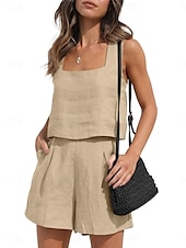 billige Loungewear for damer-Dame lounge Sett Ren farge Mote Grunnleggende Gate Daglig Bomull og lin Pustende Firkantet hals Ermeløs Stropp Topp Shorts Lomme Sommer Vår Svart Rosa