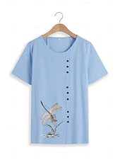  Camicia da donna 100% Cotone Camicia Blusa Stampa a bottoni Weekend Streetwear Di base Casual Simile lino Manica corta Collo tondo Bianco Estate Primavera