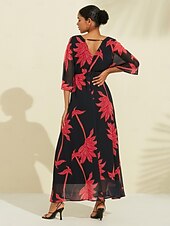 economico Abiti floreali-Per donna Abito Stampato Abito maxi Nero Manica 3/4 Foglia Stampa Fiori / Piante Stampa Primavera &amp; Estate Scollo a V Spiaggia S M L