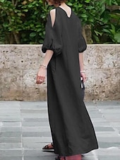 olcso design pamut és len ruhák-Női Fekete Világos bíbor khakizöld Nyár Tavasz Ősz Maxiruha Pamut vászon ruhák Fekete ruha Vintage ruha Elegáns Csehország Divat Puffos Vakáció Iroda Hétköznapi Laza öltözet Terített nyak