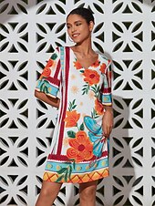 economico Abiti floreali-mini abito da donna con stampa floreale, scollo a V, manica corta, vestito estivo con motivo floreale arancione, casual, abbigliamento da spiaggia, stile elegante