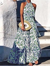 ieftine Rochii de Vacanță-Pentru femei Rochie Lunga Rochie Maxi Rochie casual Rochie leagăn Rochie A line Rochie de vară Stilat Casual Vacanță Zilnic Dată Fit regulat Floral Fără manșon Gâtul halter Albastru piscină Trifoi