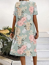 preiswerte Blumenkleid-Frauen Mini Kleid Blumenmuster Rundhals Kurze Ärmel Sommer