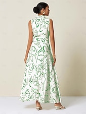 levne Květinové šaty-Dámské letní maxi šaty bez rukávů s áčkovým límcem a páskem, tvarované kapsy, látka v pase, slim fit, modrá, zelená, béžová