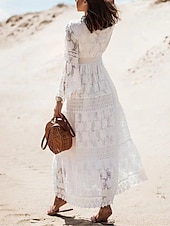 tanie Białe koronkowe sukienki-Damskie Sukienka maxi Biała sukienka Biała koronkowa suknia ślubna Sukienki w stylu boho Sukienka Boho Elegancja Bohema Linia A Urlop Święto Regularny Długi rękaw W serek Biały Morelowy Lato