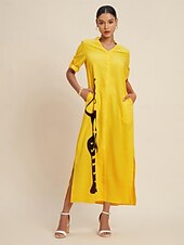 voordelige Bloemenjurken-Dames Zoom Maxi Maxi-jurk Geel Korte mouw Grafische prints Karakters Dichtknopen Zak Zomer V-hals Jurken XS S M