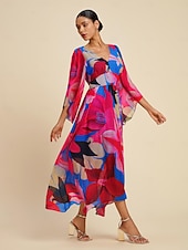 abordables Robes décontractées-Femmes Robe d&#039;invité de mariage Robe d&#039;Été Robe d&#039;été Robe Longue Maxi Robe Rose rouge manche longue Mode Fleurs Fleurs / Plantes Col en V Ourlet irrégulier Style Floral Printemps &amp; Été Col en V