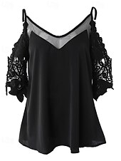 preiswerte Basic-Damenoberteile-Hemd Bluse Damen Schwarz Einfach Spitze Kalter Schulter-Schnitt Straße Täglich Mode V Ausschnitt Normale Passform S