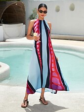 economico abito casual stampato-Per donna Abito con Collo Allacciato Maxi in Raso Abito maxi Arcobaleno Senza Maniche Colore a Contrasto Blocco di colore Estate All&#039;americana Vacanza XS S M
