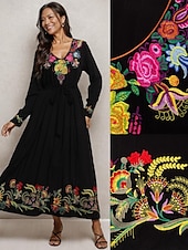 preiswerte abendkleider-Besticktes Maxikleid für Damen, V-Ausschnitt, lange Ärmel, Blumenmuster, Folk-inspiriert, schwarz, mehrfarbig, elegant, leger bis halbformell, für Frühling und Herbst, leicht, bequeme Passform, in