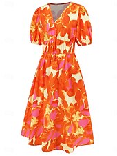 abordables Robes fleuries décontractées-Femme Robe mi-longue Robe casual Robe Évasée Robe Trapèze Robe d&#039;été mode Décontractées Vacances du quotidien Rendez-vous Standard Floral Manche Courte Col V Rose Claire Bleu Orange Vert Eté