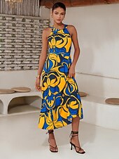 baratos Vestidos de Férias-Mulheres Vestido midi Vestido midi Amarelo Sem Manga Floral Com cinto Estampado Primavera Verão Gola Alta padrão Vestido S M L