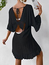 cheap Beach Dresses-Women&#039;s Beach Dresses Mini Dress Backless Ruffle Hem Vacation Beach Streetwear Basic V Neck 3/4 Length Sleeve Black White Color