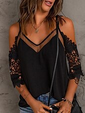 preiswerte Basic-Damenoberteile-Hemd Bluse Damen Schwarz Einfach Spitze Kalter Schulter-Schnitt Straße Täglich Mode V Ausschnitt Normale Passform S