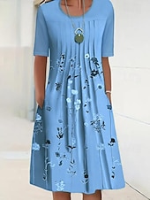 abordables Robe Fleurie-Robe Midi Femme Robe Décontractée Robe Shift Imprimé Floral Froncé Col Rond Basique Quotidien Manches Courtes Été Printemps