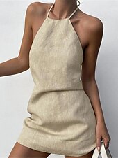 abordables concevoir des robes en coton et lin-Femmes Marron Été Printemps Mini Robe Robes en coton et lin Robe Décontractée Robe à bretelles Basique Moderne Vacances Quotidien Week-end Coupe Ample Uni Col Halter