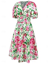 abordables Robes fleuries décontractées-Femme Robe mi-longue Robe casual Robe Évasée Robe Trapèze Robe d&#039;été mode Décontractées Vacances du quotidien Rendez-vous Standard Floral Manche Courte Col V Rose Claire Bleu Orange Vert Eté