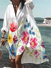 abordables Vestidos casuales blancos-Vestido camisero blanco para mujer, vestido midi, vestido informal para citas, vacaciones, playa, cuello camisero, estampado de botones, manga larga, corte holgado, floral, para verano y primavera