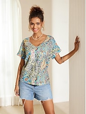 Γυναικείο T-shirt Boho Μπλούζα Paisley Εκτύπωση V-Λαιμό Κοντό Μανίκι Καθημερινό Χαλαρό Στυλ Πολύχρωμο Ελαφρύ Καλοκαίρι Μπλούζα Χαμηλού Κόστους Boho t-shirt-Γυναικείο T-shirt Boho Μπλούζα Paisley Εκτύπωση V-Λαιμό Κοντό Μανίκι Καθημερινό Χαλαρό Στυλ Πολύχρωμο Ελαφρύ Καλοκαίρι Μπλούζα