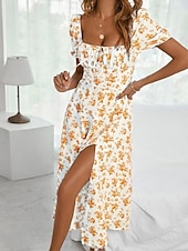cheap Casual Floral Dresses-Women&#039;s Casual Dress Swing Dress Floral Split Print Square Neck Midi Dress Stylish Casual Daily Date Short Sleeve Summer