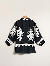 Top de mujer de satén con mangas raglán, media manga, solapa moderna, estampado negro, para vacaciones, informal, para uso diario, primavera, verano y otoño. abordables Blusas y camisas-Top de mujer de satén con mangas raglán, media manga, solapa moderna, estampado negro, para vacaciones, informal, para uso diario, primavera, verano y otoño.