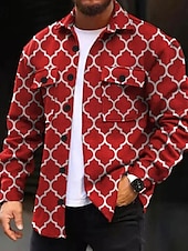 economico giacca camicia da uomo-Per uomo Geometria Camicia Giacca da camicia Sovracamicia Manica lunga Informale Esterno Strada Casual / quotidiano Autunno inverno Collo ripiegabile Bottoni Tasche Stampa Nero Rosso Blu Viola