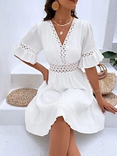cheap Plain Dress-Women's Knee Length Dress Sundress Casual Dress Vacation Casual Boho Beach Party Date Regular Fit Plain Short Sleeve V Neck Blue White Yellow Red Summer Spring