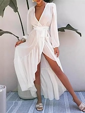preiswerte Weiße Spitzenkleider-Damen Weißes Kleid Maxidress Chiffon mit Schnürung Gespleisst Verabredung Urlaub Brautkleider schlicht V Ausschnitt Langarm Schwarz Weiß Blau Farbe