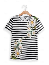 abordables T-shirt floral-T-shirt Femme Daisy Floral Rayé Imprimé Col Rond Manches Courtes Décontracté Été Haut Ajustement Régulier Tee Noir Blanc Jaune