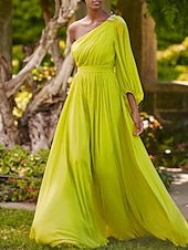 abordables JAUNE-Robe de soirée en A-Line robe élégante invitée de mariage formelle longueur au sol manches longues épaule dénudée ceinture  sash en satin avec fronces 2025