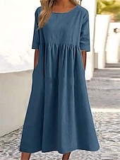 cheap Design Cotton &amp; Linen Dresses-Women&#039;s White Navy Blue Blue Summer Spring Midi Dress Linen-Inspired Dresses Casual Dress Cotton Linen Dress Basic Modern Daily Weekend Loose Fit Plain Shirt Collar