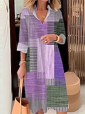 ieftine Rochie cu dungi și geometrică-Rochie Midi pentru Femei Rochie Tip Camasa Rochie Casual În Aer Liber Birou Zi de Zi Modă Modernă Guler Tip Camasa Buton Buzunar Mâneci Lungi Toamnă Iarnă Ajustare Largă Carouri Stripe