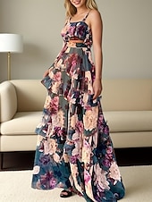 abordables Robes pour invitées de mariage-Robe de mariée trapèze à fleurs, longueur au sol, sans manches, col carré, en polyester, avec imprimé, pour impressionner, 2025